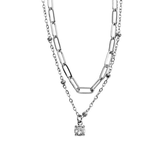 Pre-Layered Chains Silver Necklace with Zirconia Charm. - Picture 5 of 8